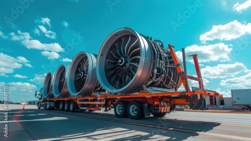 A semi-trailer truck transports three large jet engines on a flatbed trailer. photo