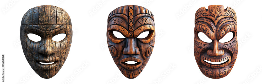 Artistic Wooden Masks Displayed on White Background Isolated on transparent background Artistic Wooden Masks Displayed on White Background Isolated on transparent background