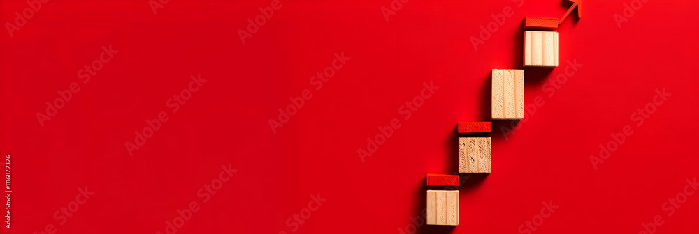 Obraz premium Red Background Illustration of Wooden Blocks Forming an Upward Trending Arrow