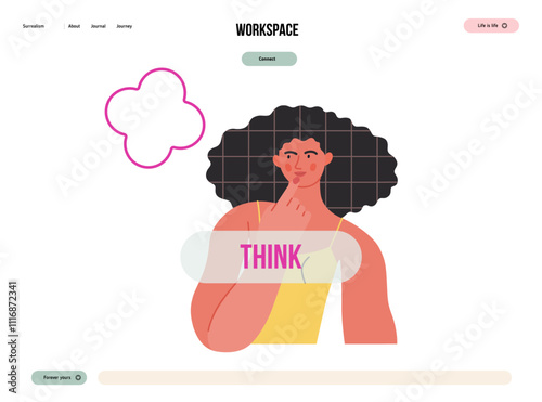 Thinking people, modern flat vector concept illustration- woman standing thoughtfully, looking sideways, bubble near head Metaphor for reflection, analysis, introspection, contemplation, deep thought