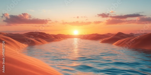 Turquoise Water and White Sand Dunes in a Serene Desert Landscape with Golden Sunlight photo