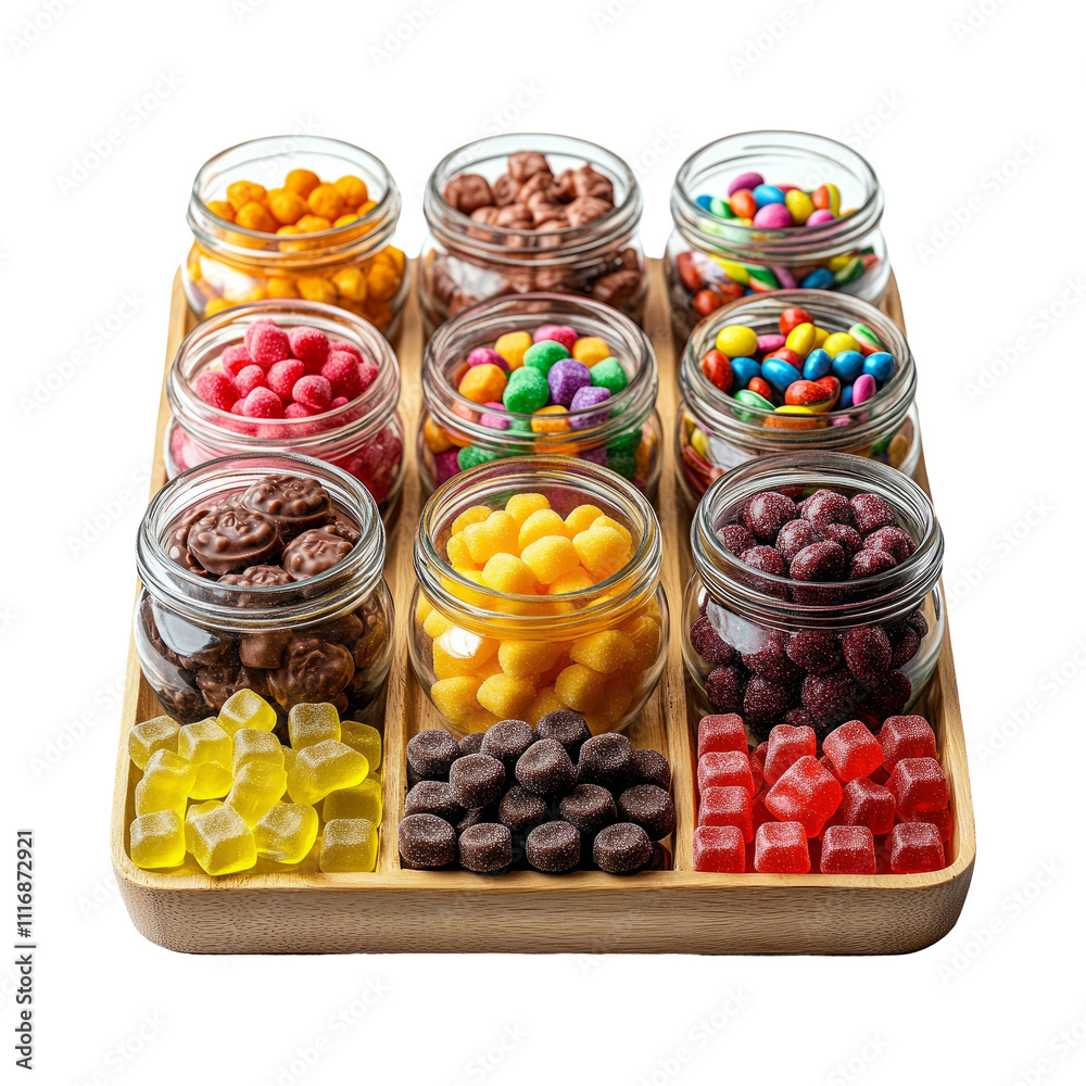 Colorful Candy Jars on Wooden Tray Display Colorful Candy Jars on Wooden Tray Display