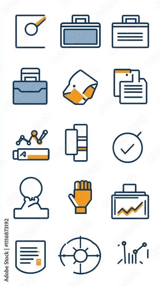 A collection of business-related icons illustrating various concepts like organization and analysis. A collection of business-related icons illustrating various concepts like organization and analysis.