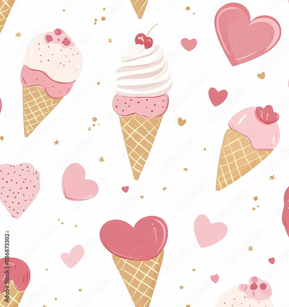 A seamless pattern of Valentine's Day sweets, such as ice cream cones and heart-shaped candies, illustrated in soft pastel tones on a white background A seamless pattern of Valentine's Day sweets, such as ice cream cones and heart-shaped candies, illustrated in soft pastel tones on a white background