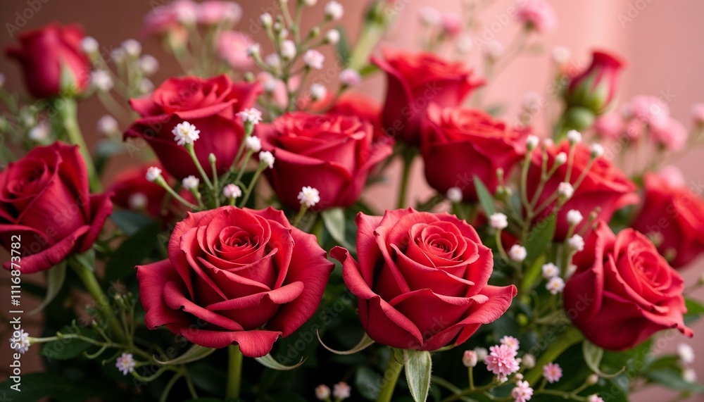 Beautiful red roses bouquet for Valentine’s Day on a soft background with copy space Beautiful red roses bouquet for Valentine’s Day on a soft background with copy space