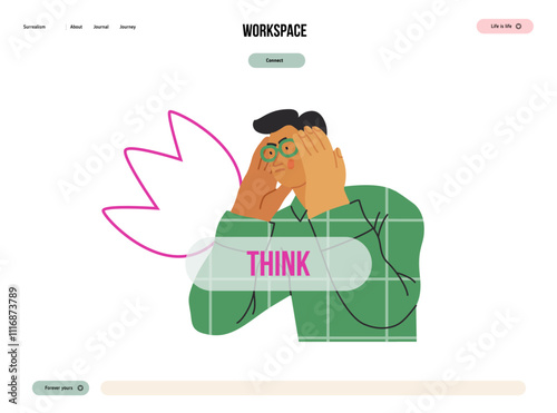 Thinking people, modern flat vector concept illustration- man standing thoughtfully, looking sideways, bubble near his head Metaphor for reflection, analysis, introspection, contemplation, deep