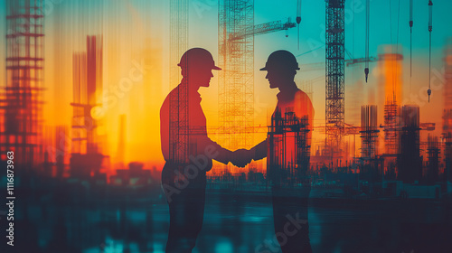 Construction professionals shaking hands at sunset, symbolizing collaboration and progress