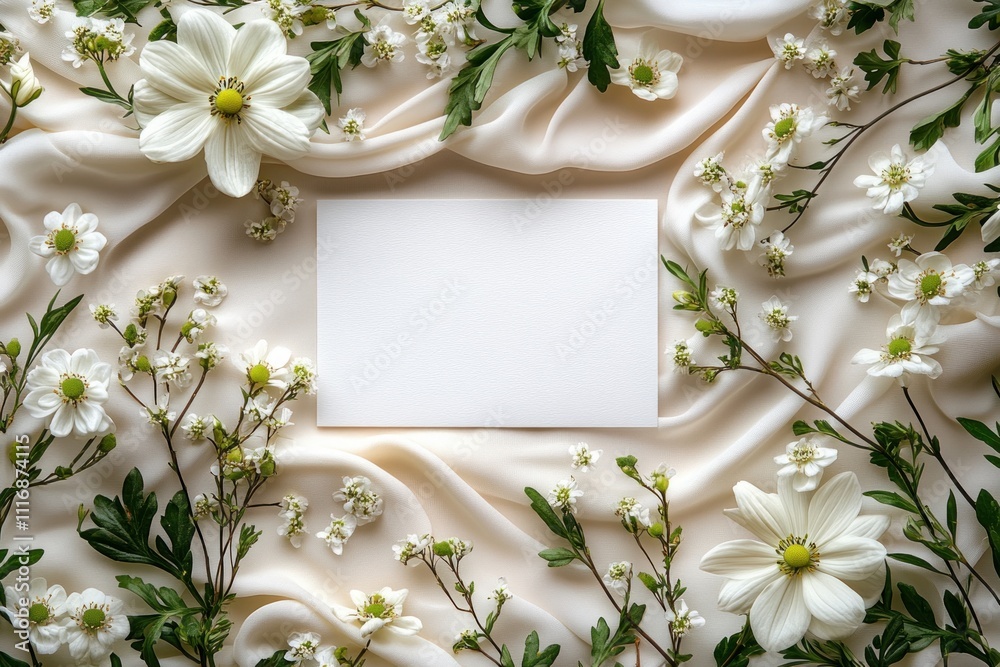 Minimalist Still Life Composition with Blank Card Surrounded by White Flowers and Natural Light Minimalist Still Life Composition with Blank Card Surrounded by White Flowers and Natural Light