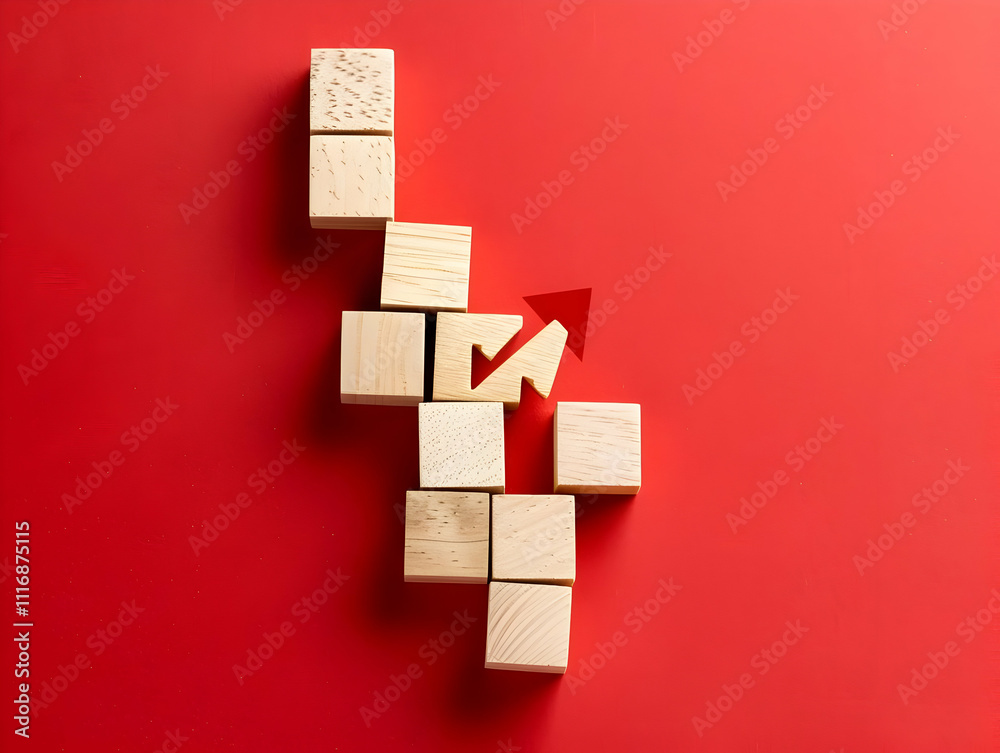 Upward Trend Illustration: Wooden Blocks and Red Arrow on Red Background Upward Trend Illustration: Wooden Blocks and Red Arrow on Red Background
