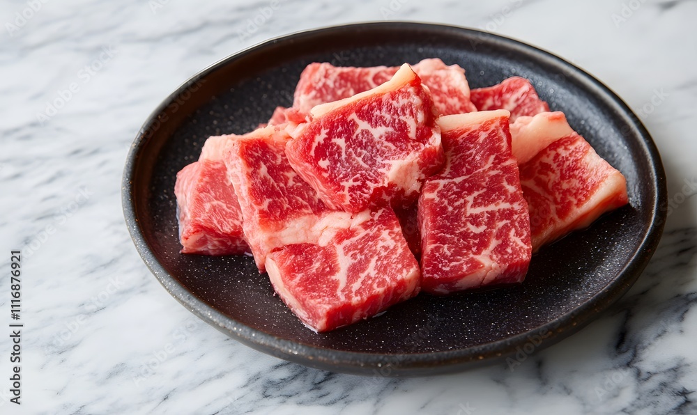 A plate of beef cut into small pieces, Generative AI A plate of beef cut into small pieces, Generative AI