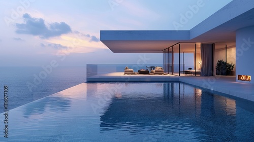 Modern house with infinity pool overlooking ocean at sunset.