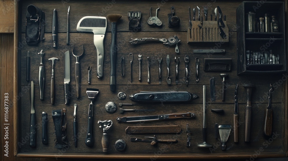 Fototapeta premium An assortment of vintage tools arranged on a wooden surface.