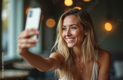 Beautiful Young Influencer Taking Selfie in Cozy Evening Interior. Curly-Haired Blogger Captures Content with Smartphone for Social Media in Warm Lighting.