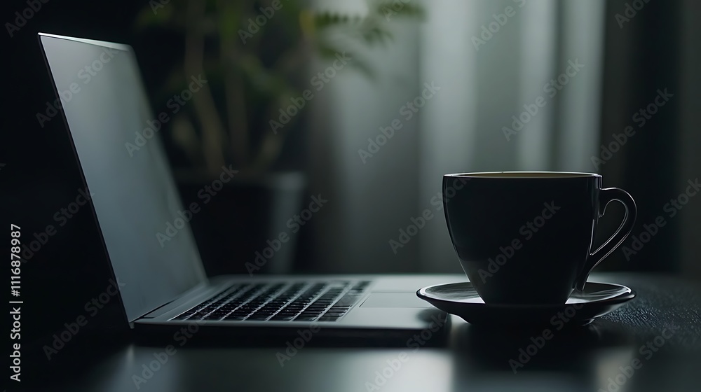 Laptop and coffee cup on a desk near a window. Laptop and coffee cup on a desk near a window.