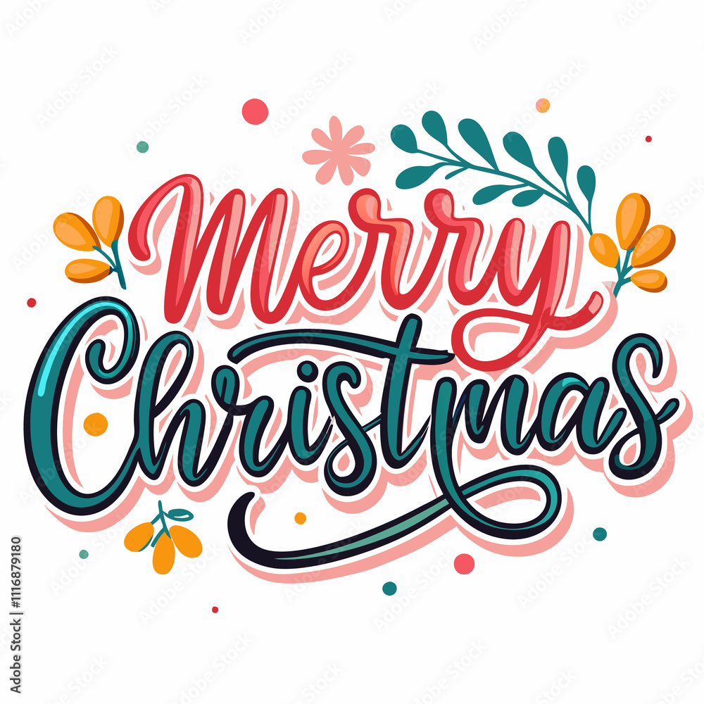 Obraz premium Merry Christmas festive lettering with floral design elements. (1)