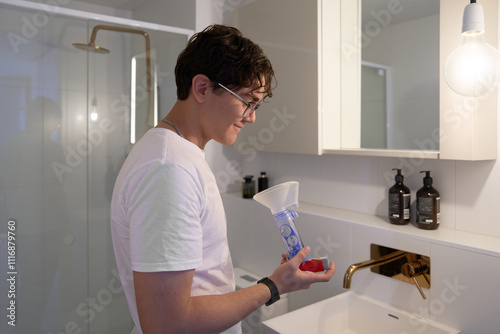 Young man preparing to use inhaler with asthma prevention medication photo