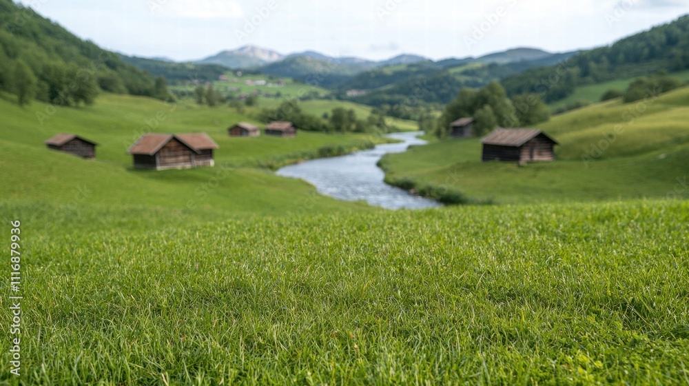 Picturesque mountain landscape with wooden cabins and a flowing river Picturesque mountain landscape with wooden cabins and a flowing river