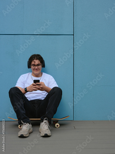 Smiling young man sits on skateboard while using phone photo