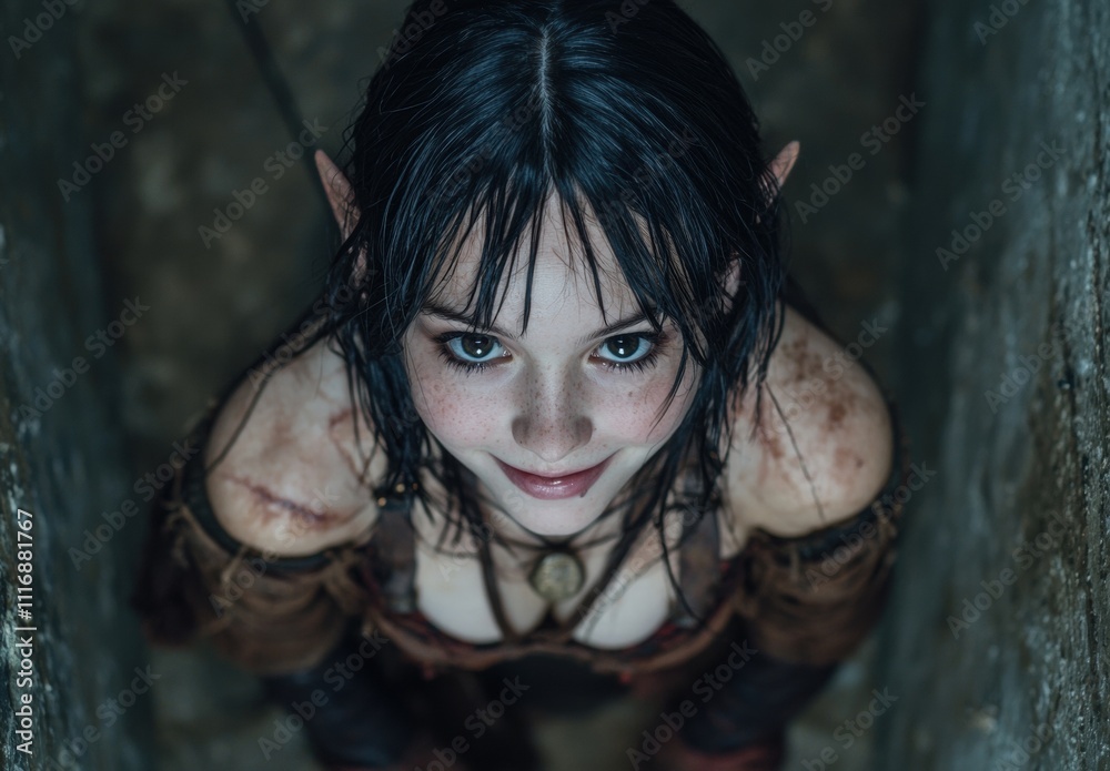 Mysterious woman with dark hair looking up from the shadows Mysterious woman with dark hair looking up from the shadows