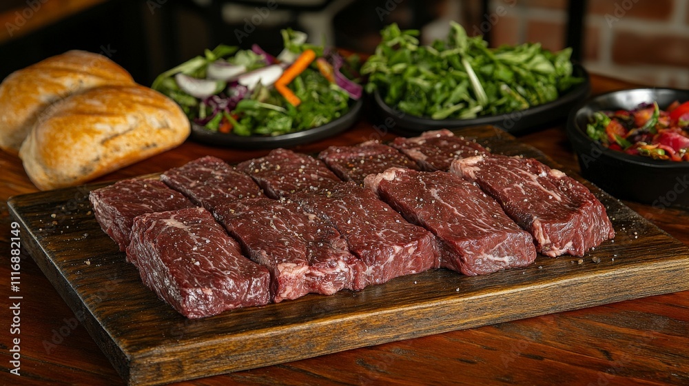 A wooden platter displaying raw steak alongside fresh salads and bread rolls. A wooden platter displaying raw steak alongside fresh salads and bread rolls.