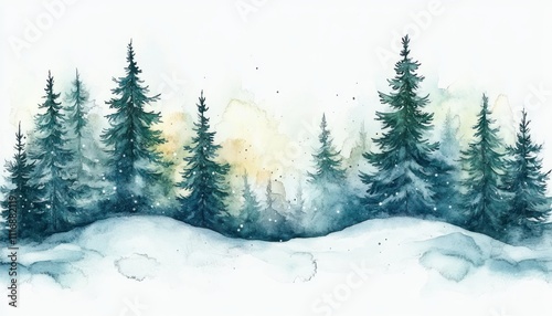 Winter Forest Scene Watercolor Christmas Banner with Copy Space