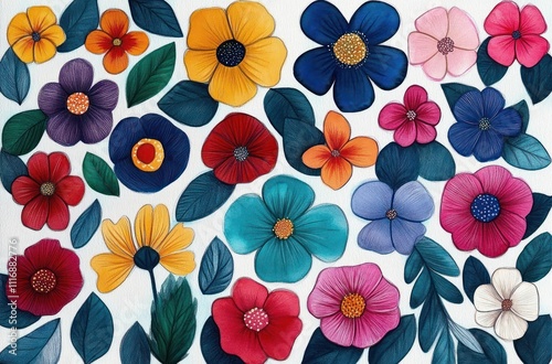 Vibrant Floral Watercolor Illustration with Colorful Flowers and Leaves
