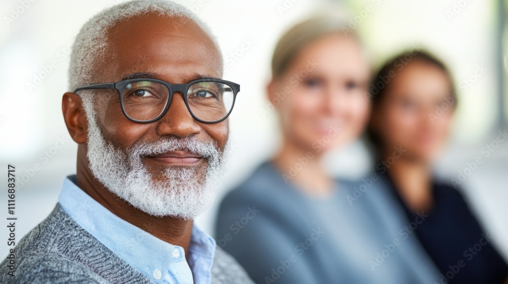 Confident Senior Man With Glasses Smiling In Office Setting Surrounded By Blurred Women Colleagues Engaged In Professional Discussion Confident Senior Man With Glasses Smiling In Office Setting Surrounded By Blurred Women Colleagues Engaged In Professional Discussion