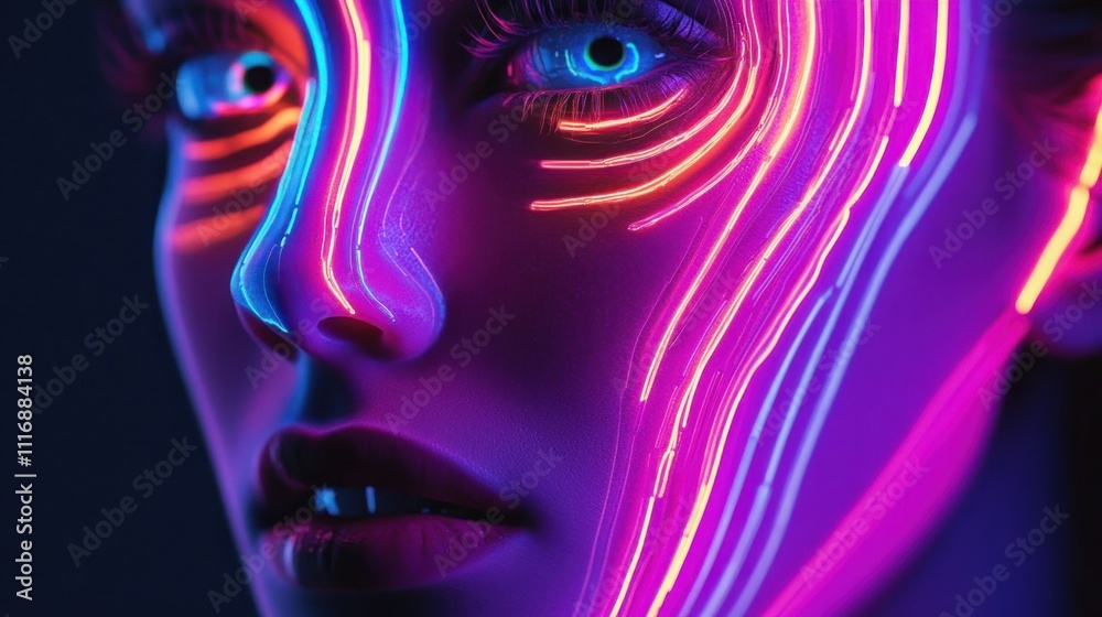 Close-up of a Woman's Face Illuminated with Neon Lines