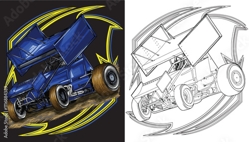 Outline blue and painted racing car. Isolated in white background, for t-shirt design, print, and for business purposes.