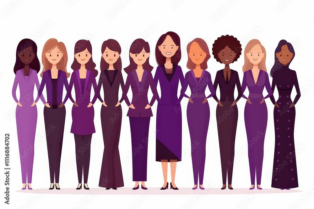 A group of women in purple suits are standing in a line A group of women in purple suits are standing in a line