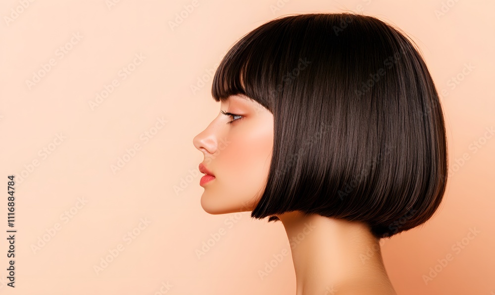 Naklejka premium Side view of European American girl with bob haircut, Generative AI 