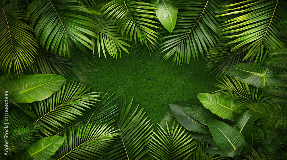 Fototapeta premium Tropical Paradise: Lush green foliage creates a vibrant and exotic frame, perfect for adding a touch of nature to your designs. 