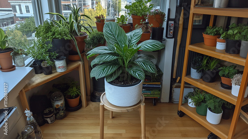 Urban Jungle Oasis: A vibrant collection of potted plants thrives in a sunlit corner, creating a serene and calming indoor garden. The Philodendron gloriosum takes center stage. photo