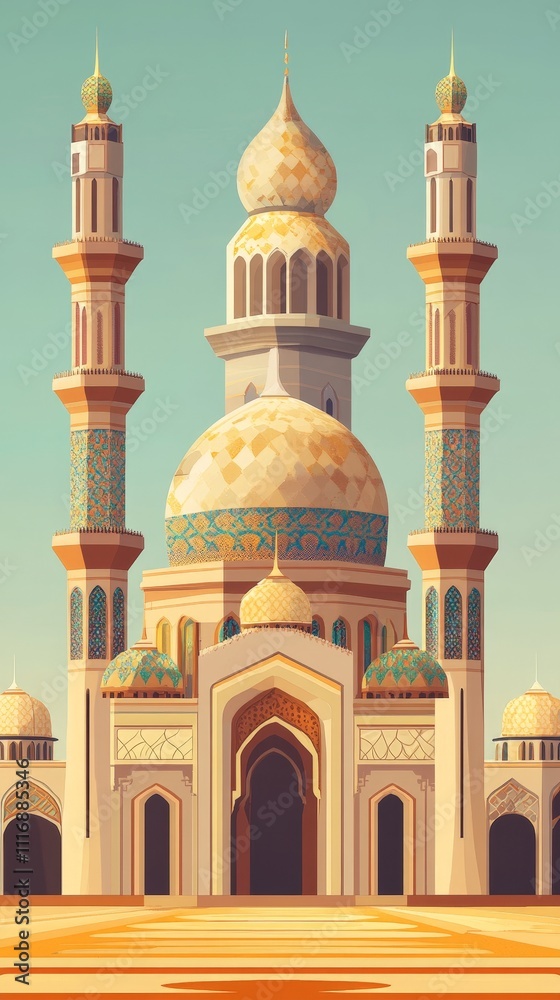 Obraz premium Arabic-inspired mosque with domes, minarets, and intricate geometric patterns