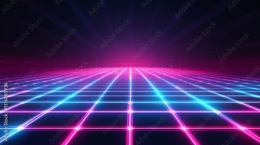 A vibrant, retro-futuristic grid with neon colors and rays of light. A vibrant, retro-futuristic grid with neon colors and rays of light.