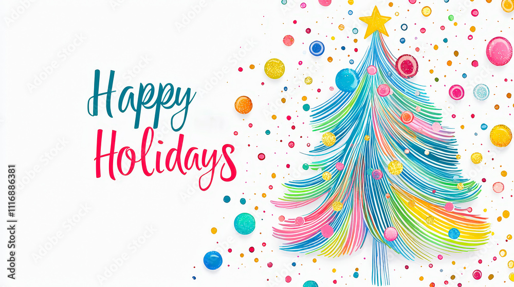 Vibrant holiday card with a hand-drawn Christmas tree, colorful ornaments, and the text Vibrant holiday card with a hand-drawn Christmas tree, colorful ornaments, and the text