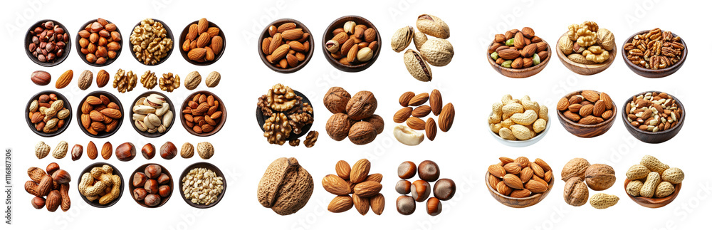 Assorted Nuts in Bowls and Plates Displayed Together Isolated on transparent background Assorted Nuts in Bowls and Plates Displayed Together Isolated on transparent background