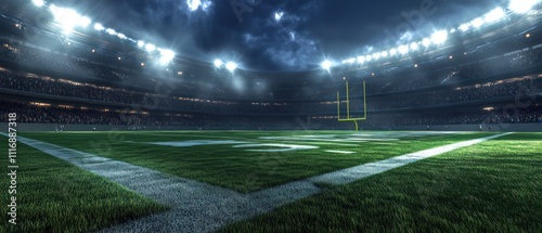 3D rendering of an American football stadium with lights shining down onto the green field