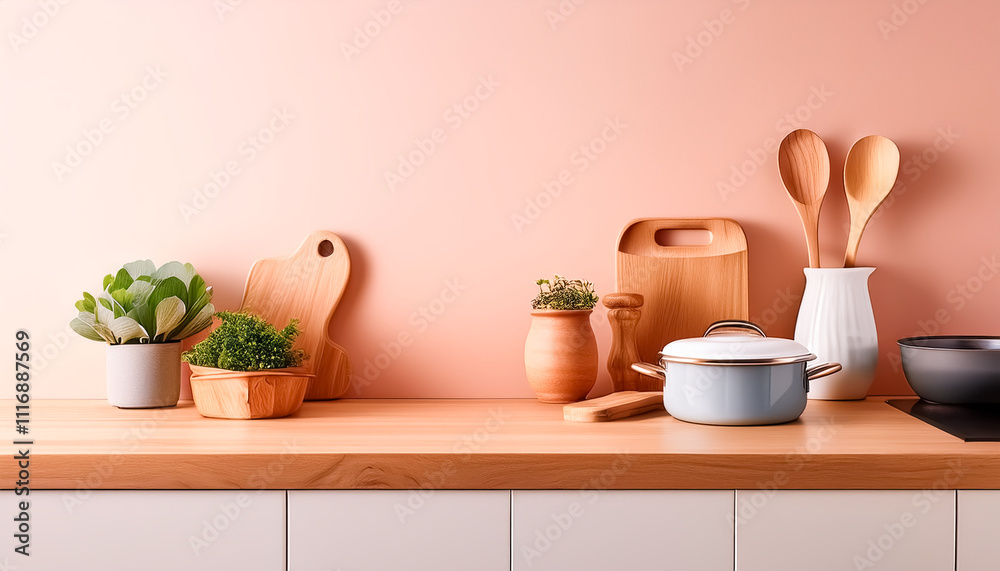 Fototapeta premium Cooking, kitchen, concept, pot, vase, plant, spatula, pan, wood, stylish, bright atmosphere, illustration, design