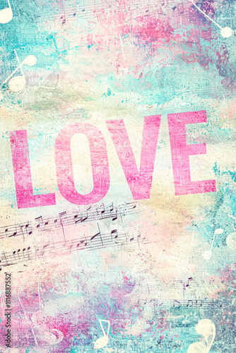 Wallpaper Mural Vibrant colors and musical notes create an artistic background with the prominent word love expressed in bold letters Torontodigital.ca