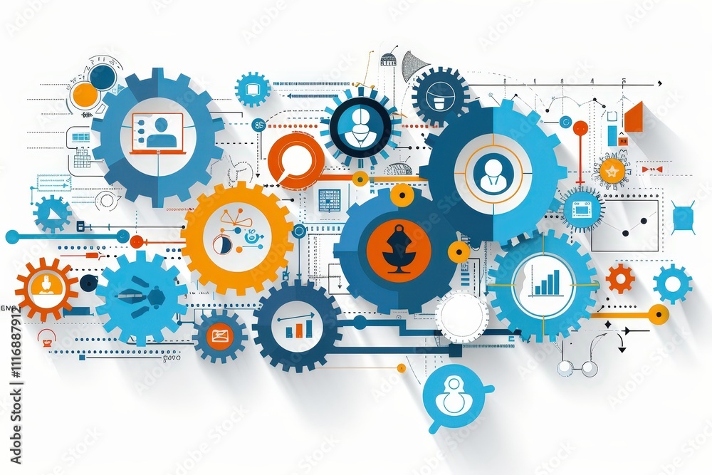 A colorful image of gears and people with a blue and orange background A colorful image of gears and people with a blue and orange background