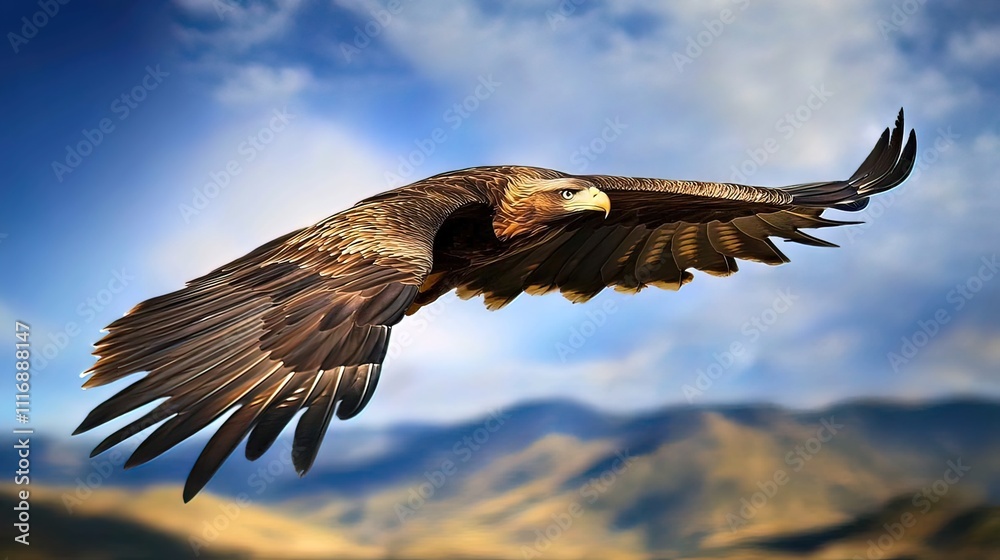 Fototapeta premium Majestic eagle in flight over a mountain range.