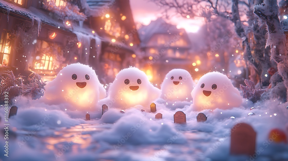 Cute Ghosts Playful Halloween Scene Whimsical Magical Setting Illustration Cute Ghosts Playful Halloween Scene Whimsical Magical Setting Illustration