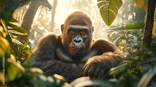 Majestic gorilla sits amidst lush green foliage in a sun-dappled jungle. photo