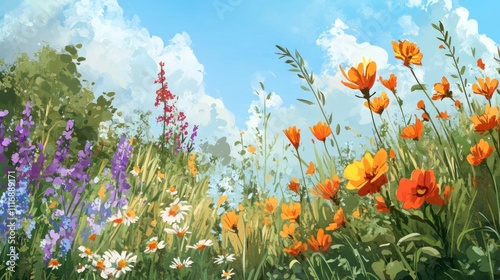 Vibrant Summer Meadow: A Digital Painting of Blossoming Flowers Under a Sunny Sky