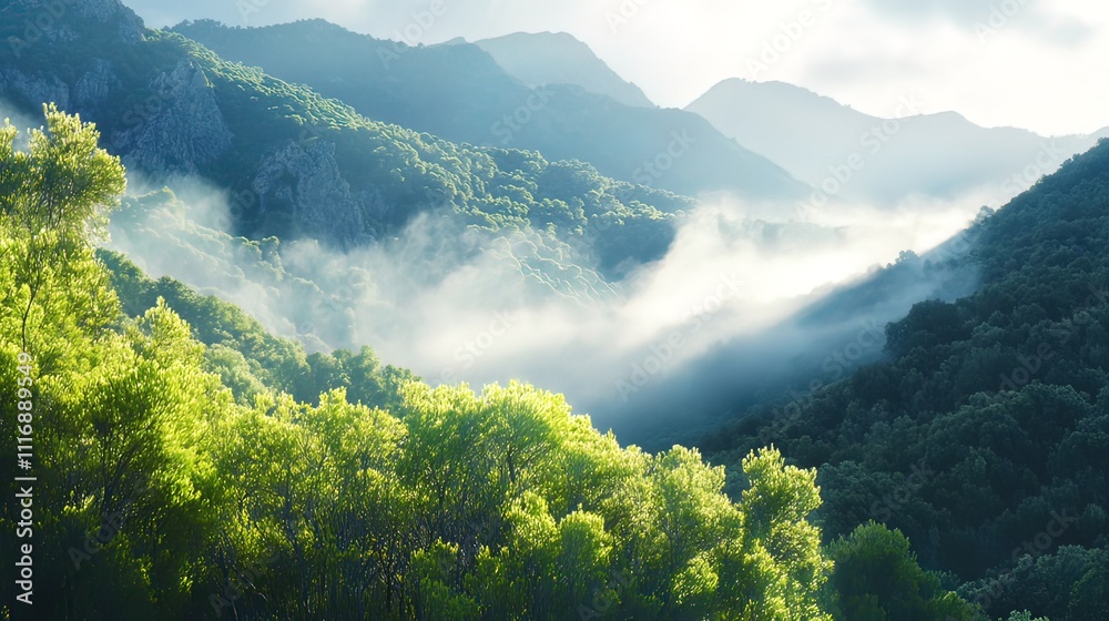 Obraz premium Misty mountain landscape at sunrise, sunlight illuminating lush green trees and valleys.
