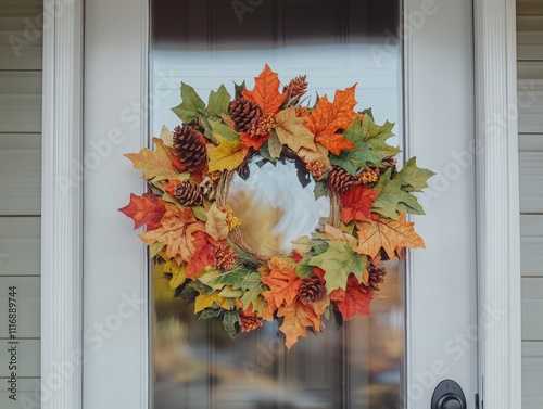 Colorful autumn wreath hanging on a front door, celebrating the fall season photo