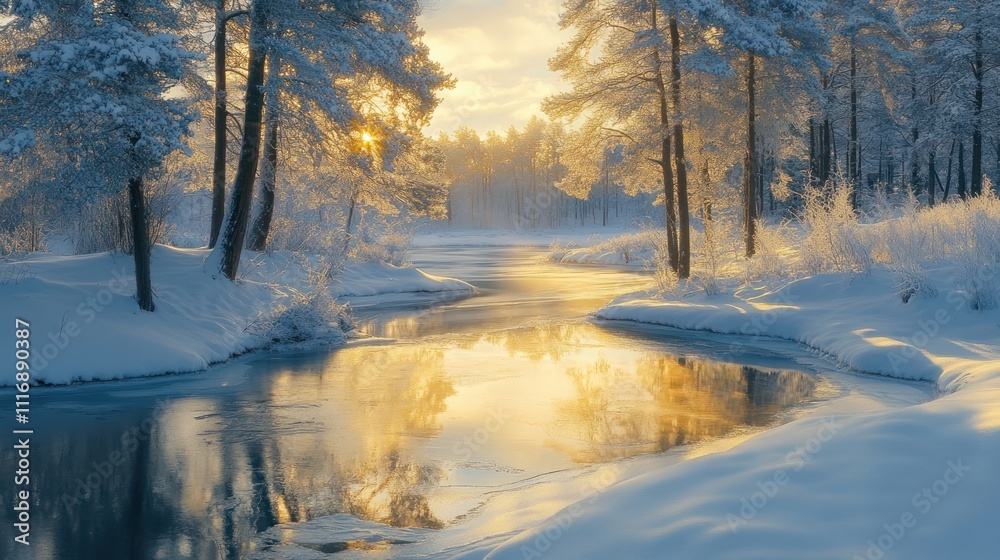 A serene winter landscape with snow-covered trees, reflecting the golden glow of sunrise