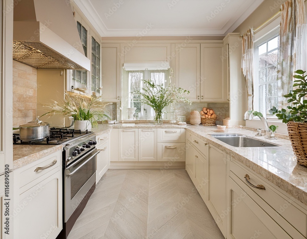 Fototapeta premium A Modern Culinary Space Featuring Light Beige Cabinets and Sleek White Marble Countertops.