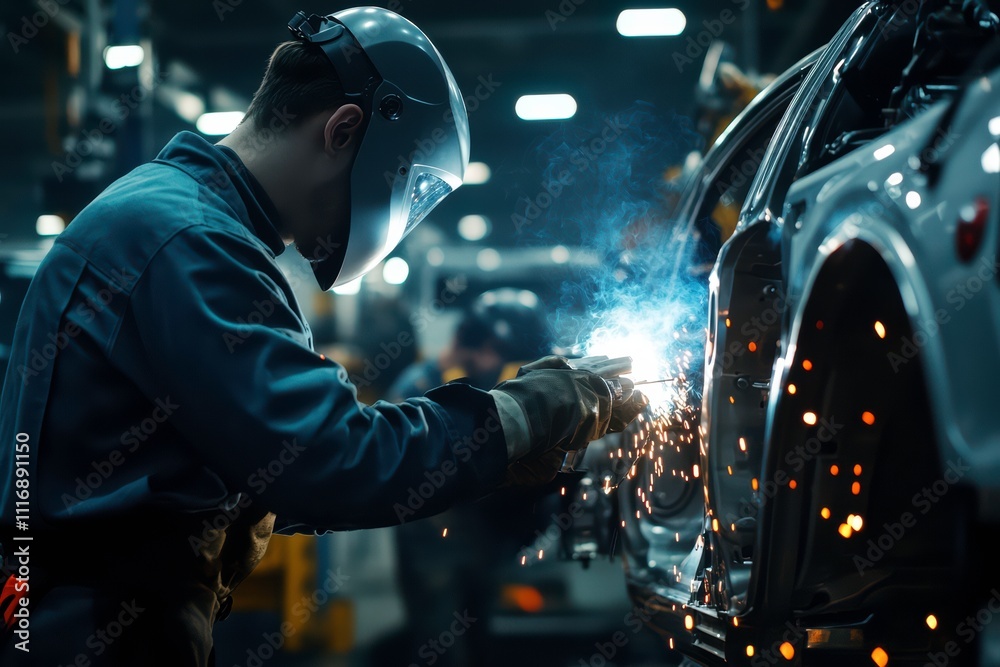 A worker welding in an industrial setting, sparks flying from the process. A worker welding in an industrial setting, sparks flying from the process.